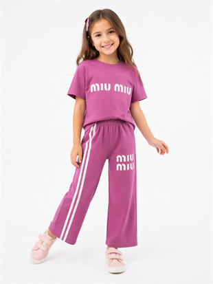 1993- -Üstü Tişört Altı Eşofman Baskılı Kız Çocuk Takımı -Lila
