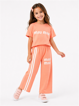 1993- -Üstü Tişört Altı Eşofman Baskılı Kız Çocuk Takımı - Somon