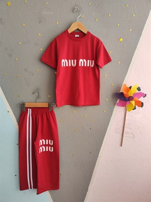 1993- -Üstü Tişört Altı Eşofman Baskılı Kız Çocuk Takımı - Kırmızı