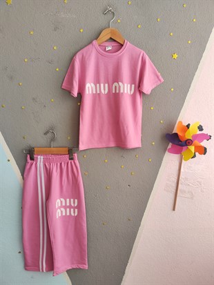 1993- -Üstü Tişört Altı Eşofman Baskılı Kız Çocuk Takımı - Pembe