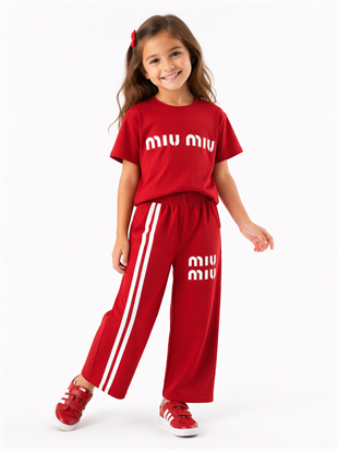1993- -Üstü Tişört Altı Eşofman Baskılı Kız Çocuk Takımı - Kırmızı