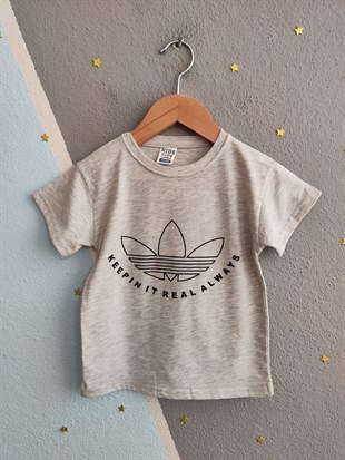 1994 - Tişörtü Baskılı Eşofman Altı Lastikli Yazlık Erkek  Çocuk Takımı - Gri