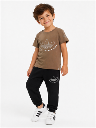 1994 - Tişörtü Baskılı Eşofman Altı Lastikli Yazlık Erkek  Çocuk Takımı - Vizon