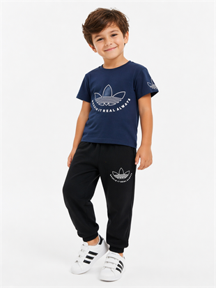 1994 - Tişörtü Baskılı Eşofman Altı Lastikli Yazlık Erkek  Çocuk Takımı - Lacivert