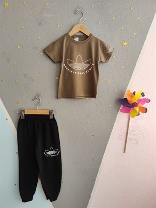 1994 - Tişörtü Baskılı Eşofman Altı Lastikli Yazlık Erkek  Çocuk Takımı - Vizon