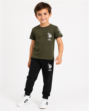 1996 - Tişörtü Baskılı Eşofman Altı Lastikli Erkek  Çocuk Takımı -Haki