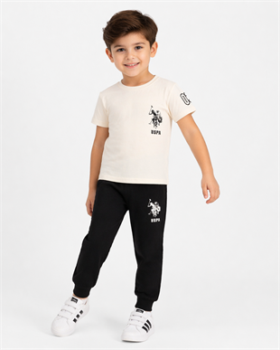 1996 - Tişörtü Baskılı Eşofman Altı Lastikli Erkek  Çocuk Takımı -Ekru