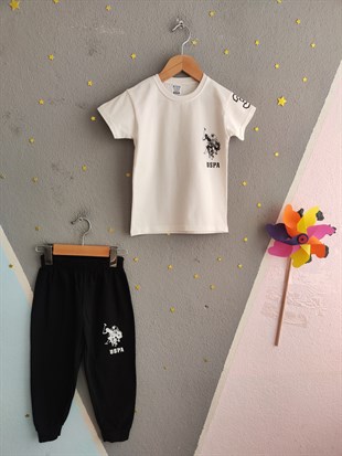 1996 - Tişörtü Baskılı Eşofman Altı Lastikli Erkek  Çocuk Takımı -Ekru