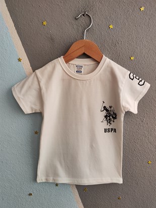 1996 - Tişörtü Baskılı Eşofman Altı Lastikli Erkek  Çocuk Takımı -Ekru