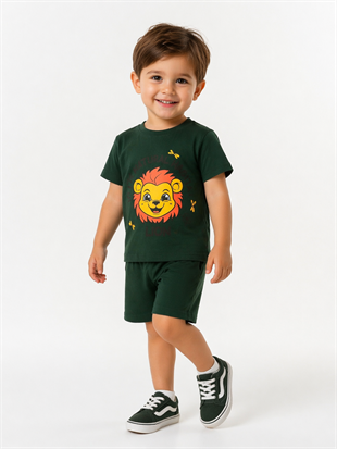 1997 - Aslan Baskılı Kısa Kollu Erkek  Çocuk Takımı - Haki