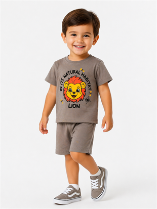 1997 - Aslan Baskılı Kısa Kollu Erkek  Çocuk Takımı - Füme