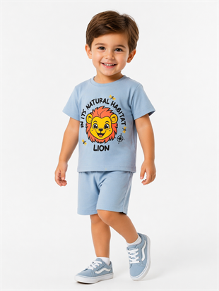 1997 - Aslan Baskılı Kısa Kollu Erkek  Çocuk Takımı - Buz Mavisi