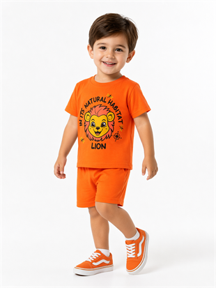 1997 - Aslan Baskılı Kısa Kollu Erkek  Çocuk Takımı - Turuncu