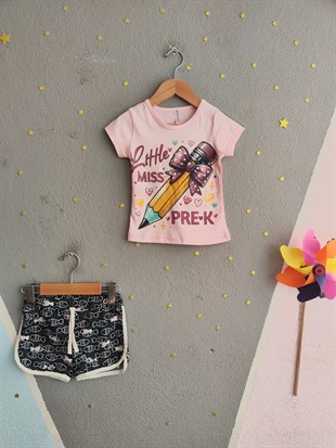 2001 -Kalem Baskılı Yazlık Kız Çocuk Takımı - Toz pembe