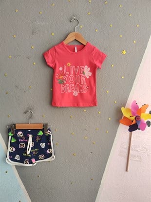 2002 -Çiçek Desenli Şortlu Kız Çocuk Takımı - Nar çiçeği