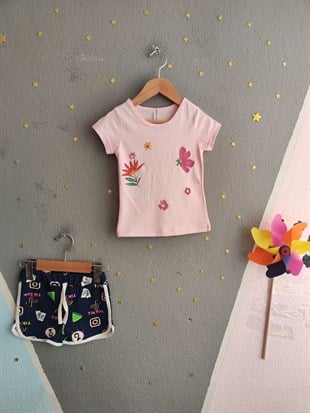 2002 -Çiçek Desenli Şortlu Kız Çocuk Takımı - Toz pembe