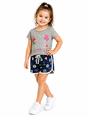 2002 -Çiçek Desenli Şortlu Kız Çocuk Takımı - Gri