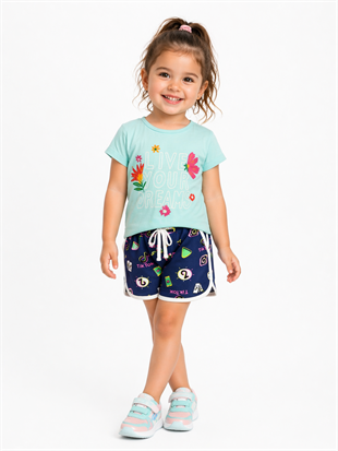 2002 -Çiçek Desenli Şortlu Kız Çocuk Takımı - Su yeşili