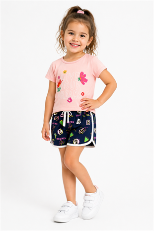 2002 -Çiçek Desenli Şortlu Kız Çocuk Takımı - Toz pembe