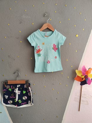 2002 -Çiçek Desenli Şortlu Kız Çocuk Takımı - Su yeşili