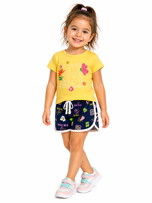 2002 -Çiçek Desenli Şortlu Kız Çocuk Takımı - Sarı