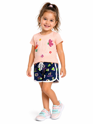 2002 -Çiçek Desenli Şortlu Kız Çocuk Takımı - Somon
