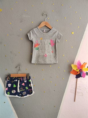 2002 -Çiçek Desenli Şortlu Kız Çocuk Takımı - Gri