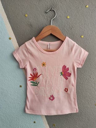 2002 -Çiçek Desenli Şortlu Kız Çocuk Takımı - Toz pembe