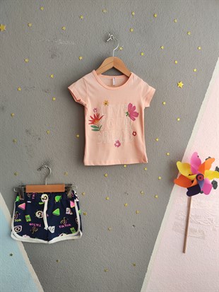 2002 -Çiçek Desenli Şortlu Kız Çocuk Takımı - Somon