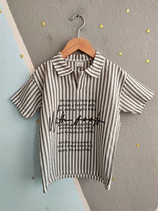 2003 -  Çizgili Polo Yaka Şortlu Erkek Çocuk Takım - Füme