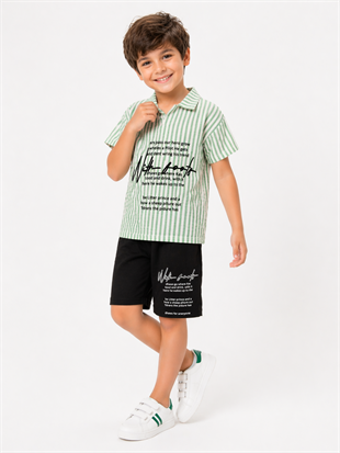2003 -  Çizgili Polo Yaka Şortlu Erkek Çocuk Takım -Yeşil