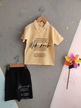 2003 -  Çizgili Polo Yaka Şortlu Erkek Çocuk Takım -Sarı