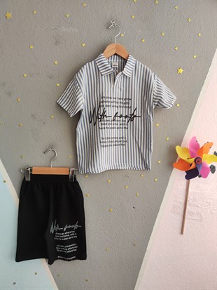 2003 -  Çizgili Polo Yaka Şortlu Erkek Çocuk Takım -Mavi