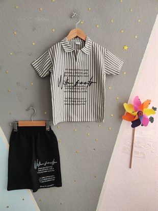 2003 -  Çizgili Polo Yaka Şortlu Erkek Çocuk Takım - Füme