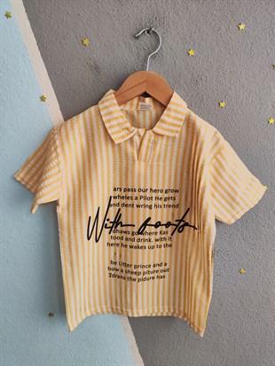 2003 -  Çizgili Polo Yaka Şortlu Erkek Çocuk Takım -Sarı