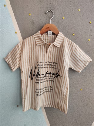 2003 -  Çizgili Polo Yaka Şortlu Erkek Çocuk Takım - Kahve