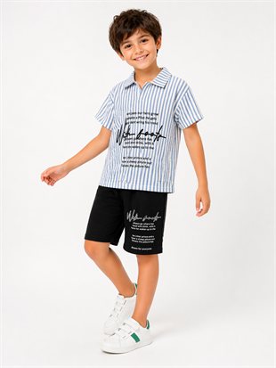 2003 -  Çizgili Polo Yaka Şortlu Erkek Çocuk Takım -Mavi