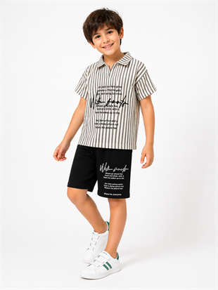 2003 -  Çizgili Polo Yaka Şortlu Erkek Çocuk Takım - Füme