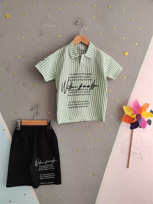 2003 -  Çizgili Polo Yaka Şortlu Erkek Çocuk Takım -Yeşil