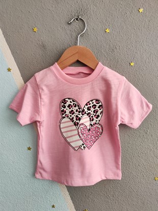 2007 - Kalp Baskılı Kısa Kollu Kız Bebek Takım - Toz pembe