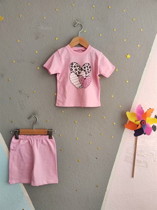 2007 - Kalp Baskılı Kısa Kollu Kız Bebek Takım - Toz pembe