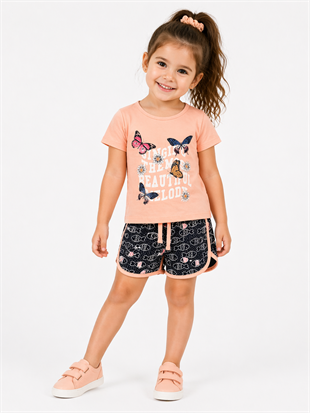 2008 -Kelebek Desenli Şortlu Kız Çocuk Takımı - Somon