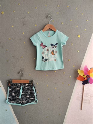 2008 -Kelebek Desenli Şortlu Kız Çocuk Takımı - Su yeşili