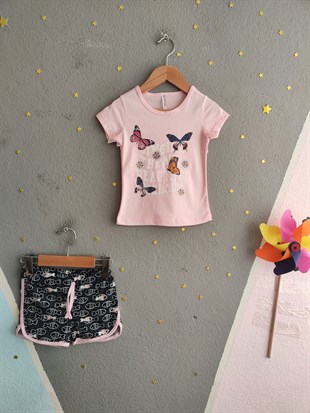 2008 -Kelebek Desenli Şortlu Kız Çocuk Takımı - Toz pembe
