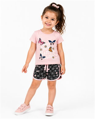 2008 -Kelebek Desenli Şortlu Kız Çocuk Takımı - Toz pembe