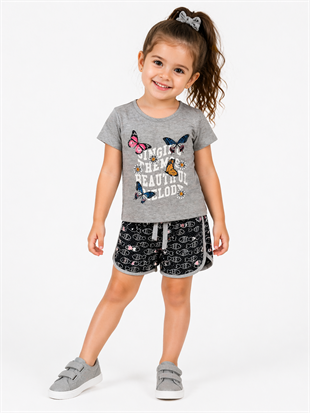 2008 -Kelebek Desenli Şortlu Kız Çocuk Takımı - Gri