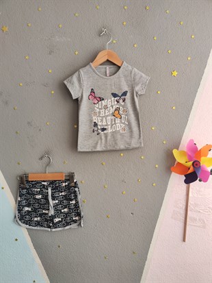 2008 -Kelebek Desenli Şortlu Kız Çocuk Takımı - Gri