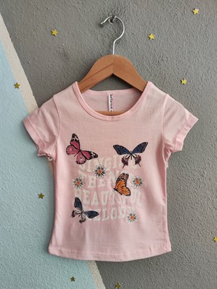 2008 -Kelebek Desenli Şortlu Kız Çocuk Takımı - Toz pembe