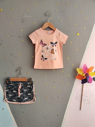 2008 -Kelebek Desenli Şortlu Kız Çocuk Takımı - Somon