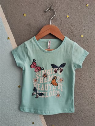 2008 -Kelebek Desenli Şortlu Kız Çocuk Takımı - Su yeşili